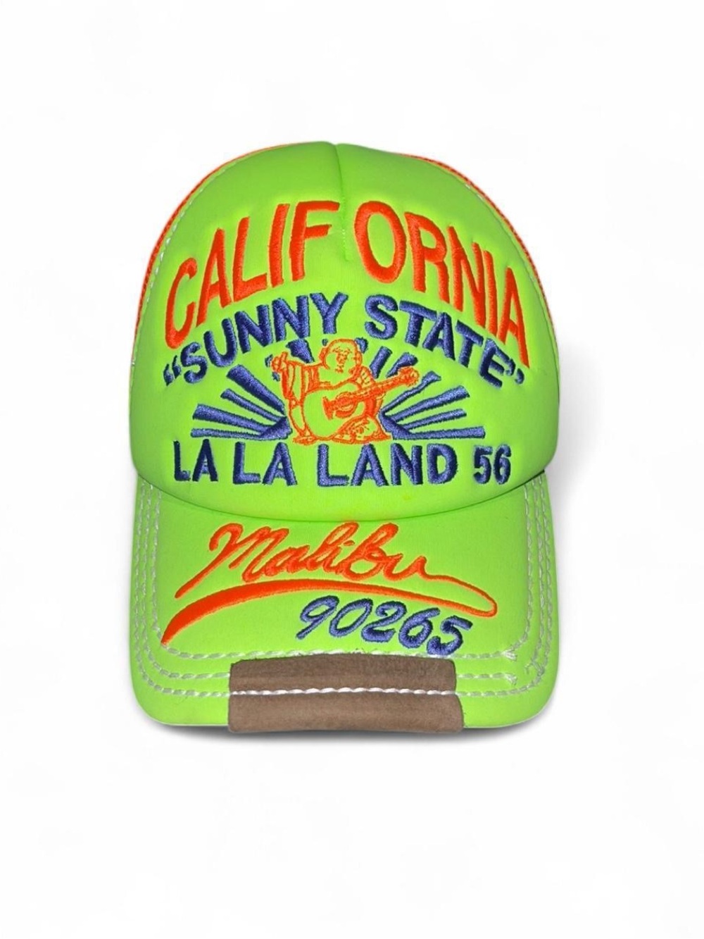 Vintage TRUE RELIGION California Malibu 90265 Trucker Hat Bright Green & Orange